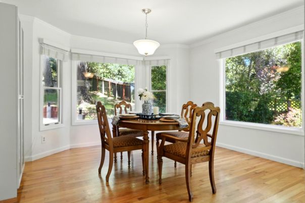 Dining room, Interior, Pendant Lights, Wood Texture Flooring