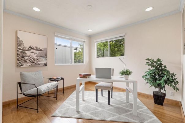 Home Office, Interior, Recessed Lighting, Wood Texture Flooring