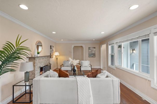 Fireplace, Interior, Living room, Recessed Lighting, Wood Texture Flooring