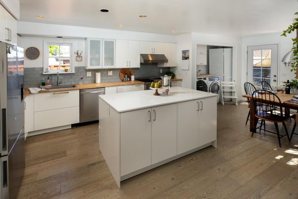 Dining room, Interior, Kitchen, Recessed Lighting, Stainless Steel Appliances, Wood Texture Flooring