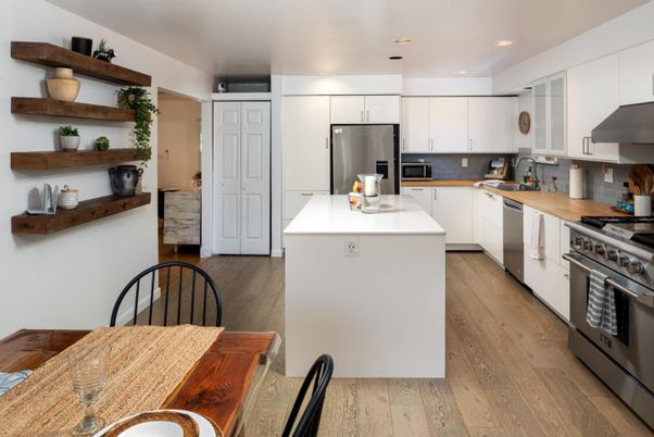 Interior, Kitchen, Recessed Lighting, Stainless Steel Appliances, Wood Texture Flooring