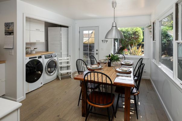 Dining room, Interior, Pendant Lights, Washer, Wood Texture Flooring