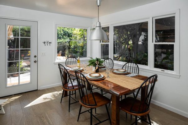 Dining room, Interior, Pendant Lights, Wood Texture Flooring