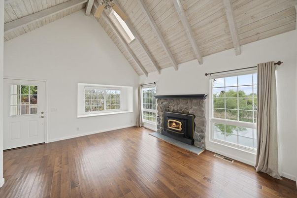 Empty room, Fireplace, Interior, Wooden Beams, Wooden Ceilings, Wood Texture Flooring