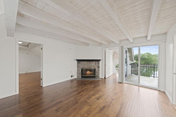 Empty room, Fireplace, Interior, Wooden Beams, Wood Texture Flooring
