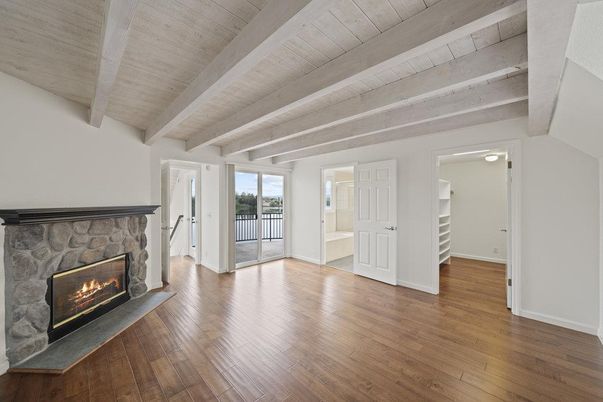 Empty room, Fireplace, Interior, Wooden Beams, Wooden Ceilings, Wood Texture Flooring