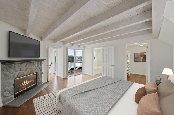 Bedroom, Fireplace, Interior, Wooden Beams, Wooden Ceilings, Wood Texture Flooring