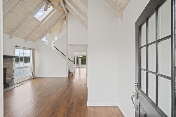 Empty room, Fireplace, Interior, Wooden Beams, Wooden Ceilings, Wood Texture Flooring