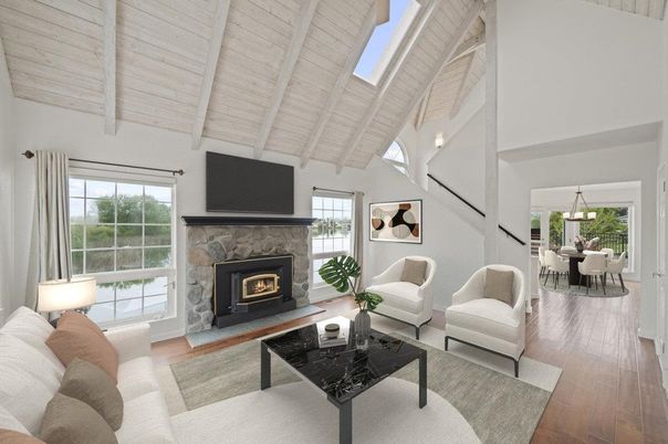 Dining room, Fireplace, Interior, Living room, Pendant Lights, Wooden Beams, Wooden Ceilings, Wood Texture Flooring