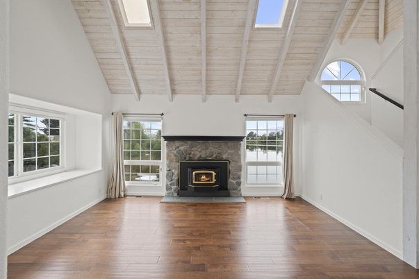 Empty room, Fireplace, Interior, Wooden Beams, Wooden Ceilings, Wood Texture Flooring