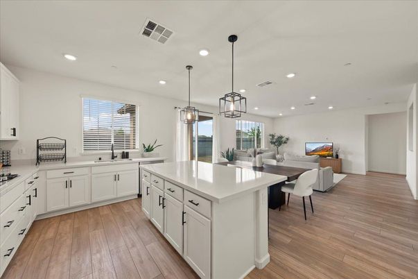 Dining room, Interior, Kitchen, Pendant Lights, Recessed Lighting, Wood Texture Flooring