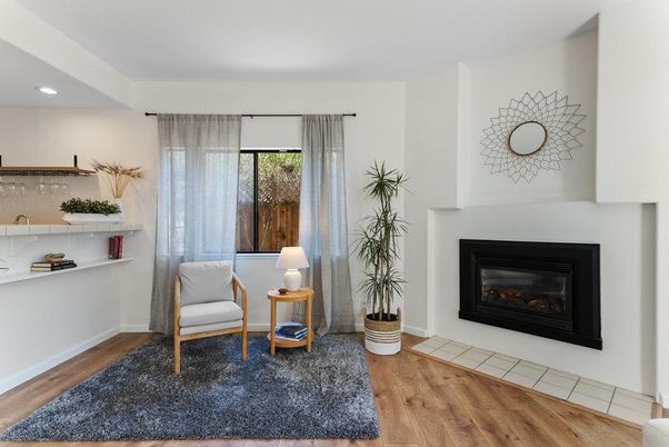 Fireplace, Interior, Recessed Lighting, Wood Texture Flooring