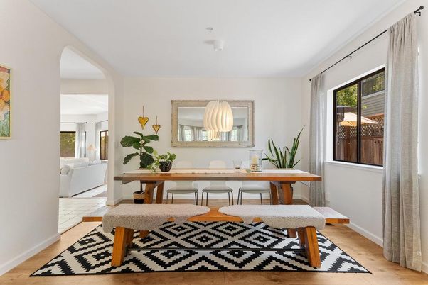 Dining room, Interior, Pendant Lights, Wood Texture Flooring
