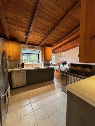Interior, Kitchen, Pendant Lights, Stainless Steel Appliances, Wooden Beams, Wooden Ceilings