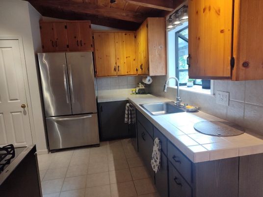 Interior, Kitchen, Tile Countertops, Wooden Beams, Wooden Ceilings