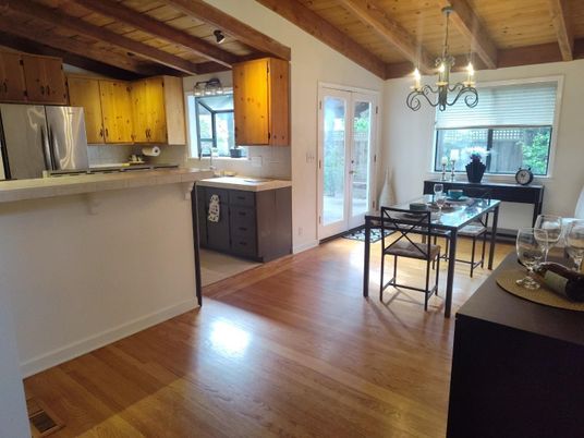 Chandelier, Dining room, Interior, Kitchen, Wooden Beams, Wooden Ceilings, Wood Texture Flooring