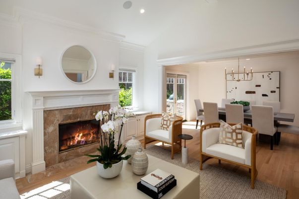 Dining room, Fireplace, Interior, Living room, Pendant Lights, Recessed Lighting, Wood Texture Flooring