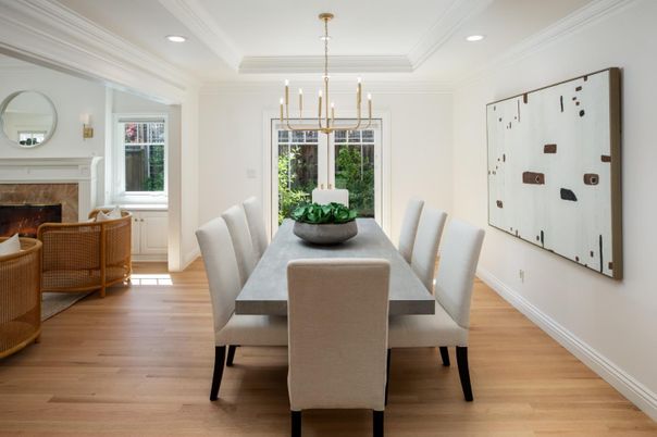Dining room, Fireplace, Interior, Pendant Lights, Recessed Lighting, Wood Texture Flooring