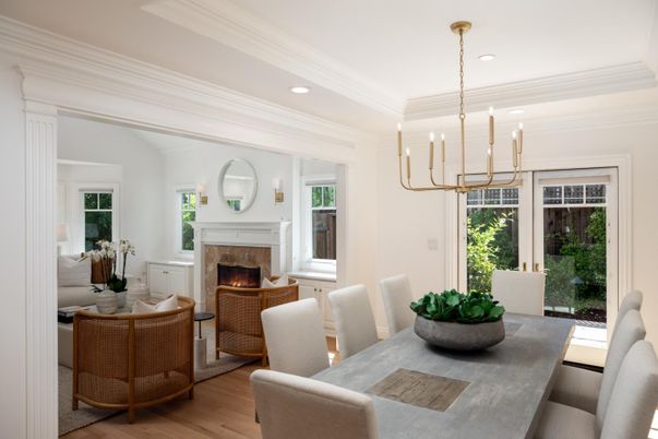 Dining room, Fireplace, Interior, Living room, Pendant Lights, Recessed Lighting, Wood Texture Flooring