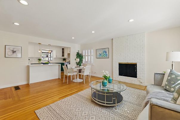 Dining room, Fireplace, Interior, Kitchen, Living room, Pendant Lights, Recessed Lighting, Stone Walls, Wood Texture Flooring