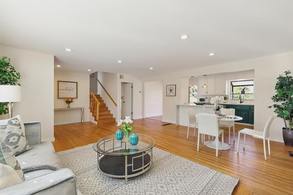 Dining room, Interior, Kitchen, Living room, Pendant Lights, Recessed Lighting, Wood Texture Flooring
