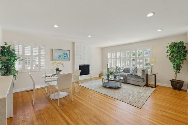 Fireplace, Home Office, Interior, Living room, Recessed Lighting, Wood Texture Flooring