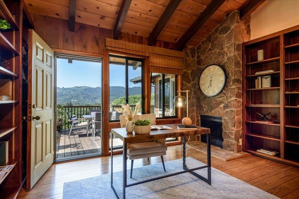 Fireplace, Home Office, Interior, Stone Walls, Wooden Beams, Wooden Ceilings, Wood Texture Flooring, Wooden Walls