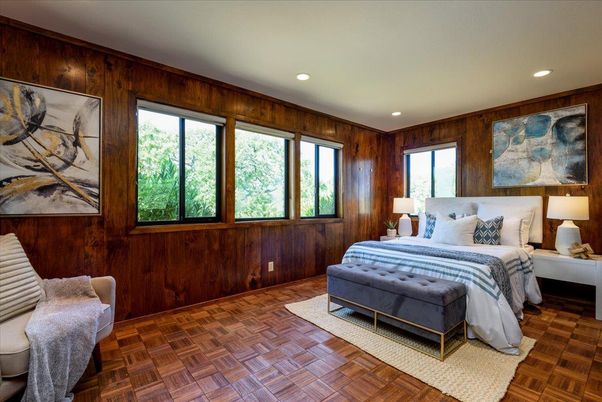 Bedroom, Interior, Recessed Lighting, Wood Texture Flooring, Wooden Walls