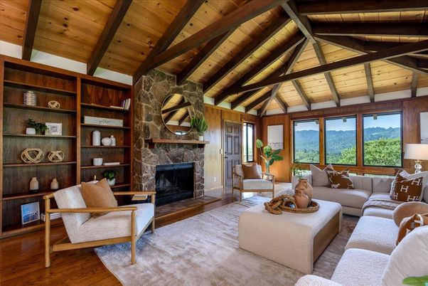 Fireplace, Interior, Living room, Stone Walls, Wooden Beams, Wooden Ceilings, Wood Texture Flooring, Wooden Walls