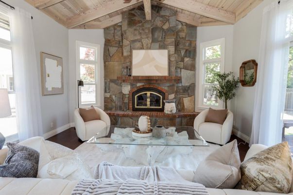 Fireplace, Interior, Living room, Stone Walls, Wooden Beams, Wooden Ceilings, Wood Texture Flooring