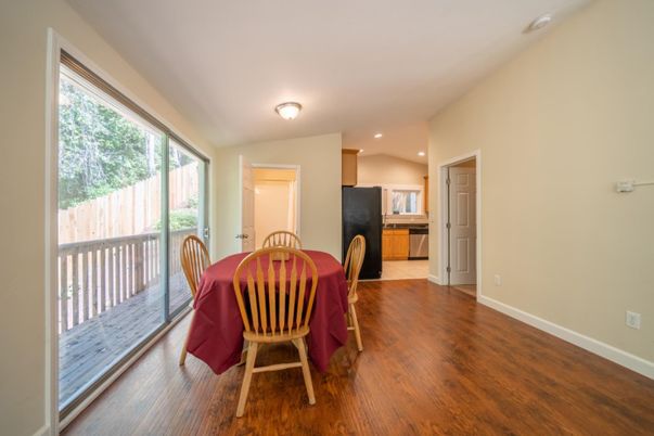 Dining room, Interior, Kitchen, Recessed Lighting, Wood Texture Flooring