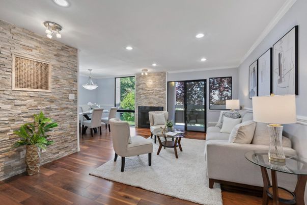 Dining room, Fireplace, Interior, Living room, Pendant Lights, Recessed Lighting, Stone Walls, Wood Texture Flooring