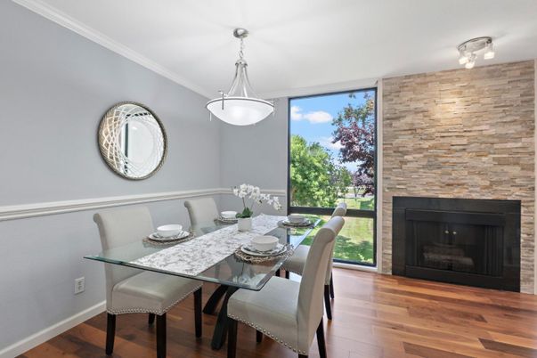 Dining room, Fireplace, Interior, Pendant Lights, Stone Walls, Wood Texture Flooring