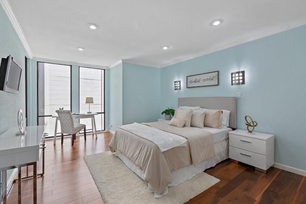 Bedroom, Interior, Recessed Lighting, Wood Texture Flooring