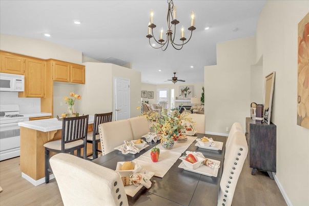Chandelier, Dining room, Interior, Kitchen, Living room, Recessed Lighting, Wood Texture Flooring