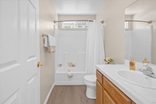 Bathroom, Interior, Tile Countertops, Wood Texture Flooring
