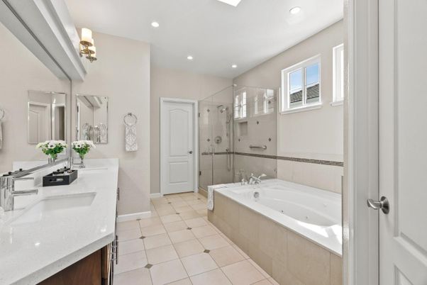 Bathroom, Dual Sink Vanities, Glass Shower, Interior, Recessed Lighting