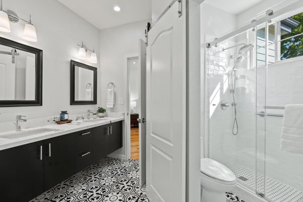 Bathroom, Dual Sink Vanities, Glass Shower, Interior, Recessed Lighting