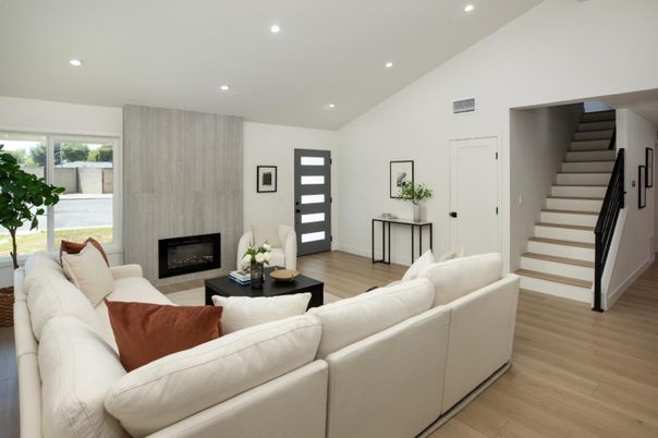 Fireplace, Interior, Living room, Recessed Lighting, Wood Texture Flooring