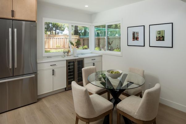 Dining room, Interior, Kitchen, Recessed Lighting, Wood Texture Flooring