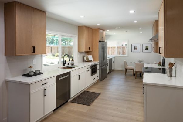 Dining room, Interior, Kitchen, Recessed Lighting, Stainless Steel Appliances, Wood Texture Flooring