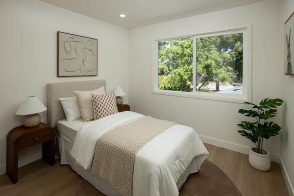 Bedroom, Interior, Recessed Lighting, Wood Texture Flooring