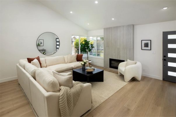 Fireplace, Interior, Living room, Recessed Lighting, Wood Texture Flooring