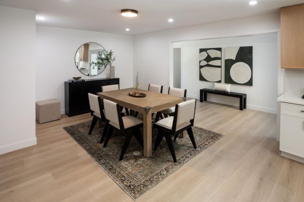 Dining room, Interior, Recessed Lighting, Wood Texture Flooring