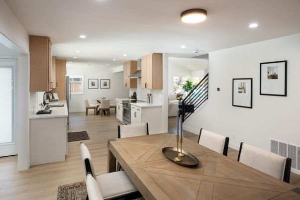 Dining room, Interior, Kitchen, Recessed Lighting, Wood Texture Flooring