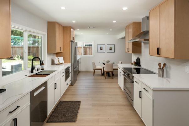 Dining room, Interior, Kitchen, Recessed Lighting, Stainless Steel Appliances, Wood Texture Flooring