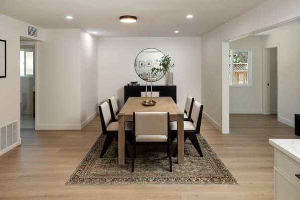 Dining room, Interior, Recessed Lighting, Wood Texture Flooring
