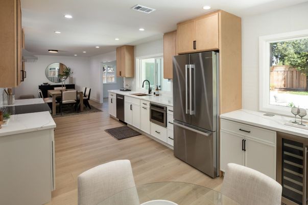 Dining room, Interior, Kitchen, Recessed Lighting, Stainless Steel Appliances, Wood Texture Flooring