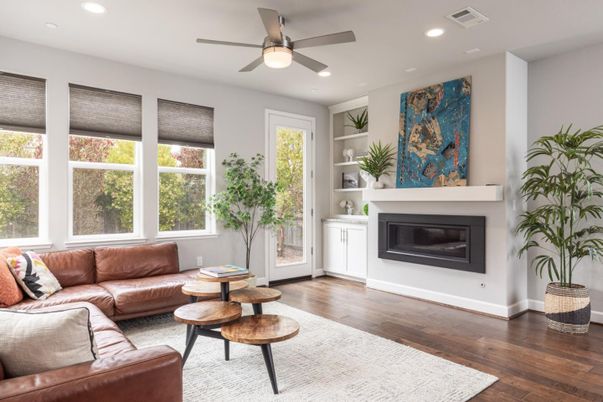 Fireplace, Interior, Living room, Recessed Lighting, Wood Texture Flooring