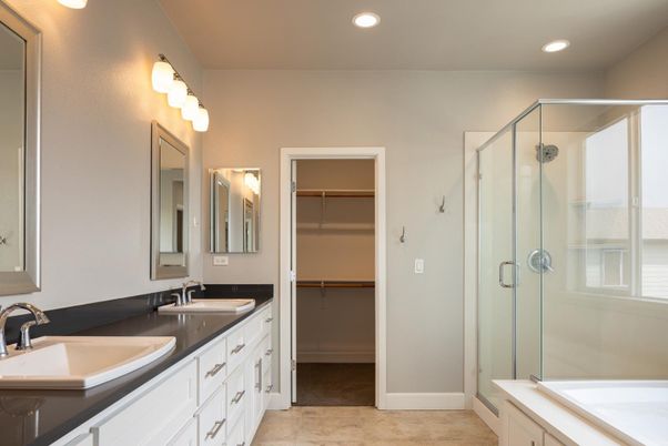 Bathroom, Dual Sink Vanities, Glass Shower, Interior, Recessed Lighting, Walk-in Closets